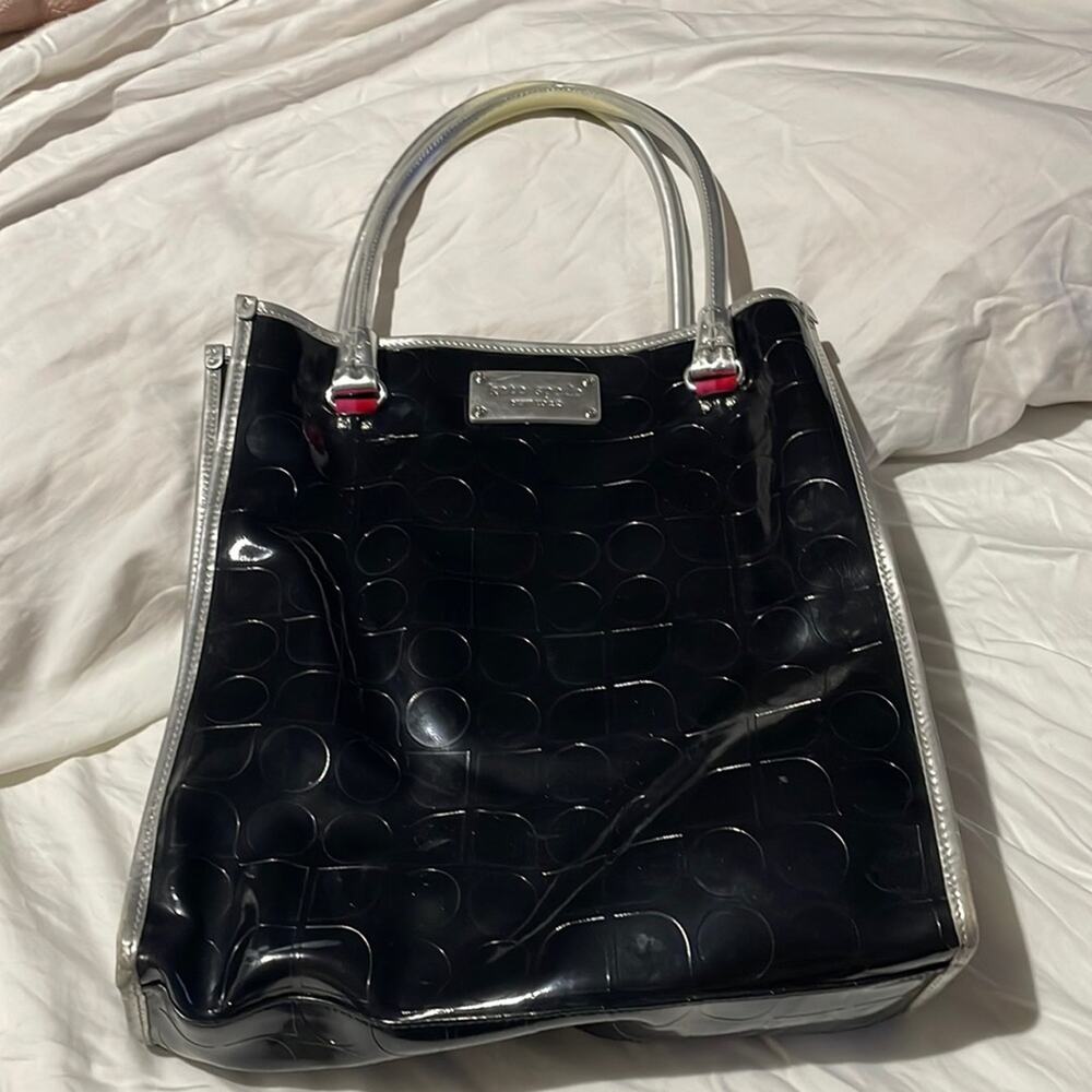 Kate Spade tall black patent silver handles tote bag fair condition life left